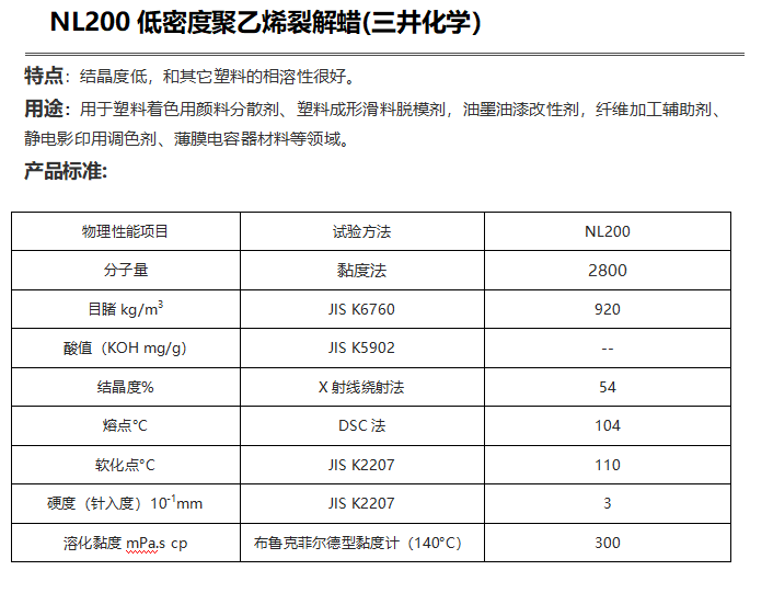 三井HI-WAX NL200低密度聚乙烯裂解蠟（ PE蠟NL200）